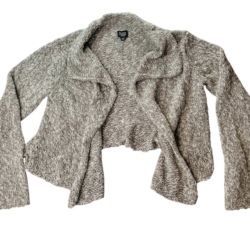 Eileen Fisher Cardigan Womens PM Petite Open Front Roll Neck Shawl Chunky Knit